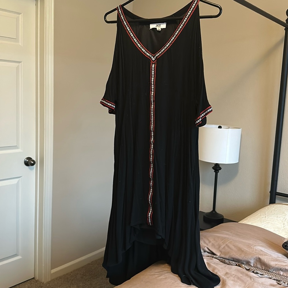 Jack by BB Dakota black, embroidered, high-low, cold shoulder dress.